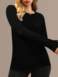 Women's Black Round Neck Long Sleeve Casual T-Shirt, Suitable For Autumn - Black - View 3