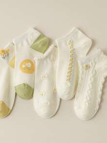 5 đôi tất mỏng cổ ngắn cho nữ, họa tiết hoa dễ thương, tất cotton thời trang, thích hợp cho mùa xuân/hè. - Nhiều màu - Xem 5