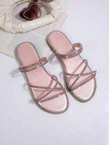 Sandal đế bệt kiểu dáng tối giản, nhẹ nhàng, mũi tròn, quai chéo, màu trơn, đính đá pha lê, thích hợp cho nữ mùa hè, phù hợp với váy, kiểu dáng cổ tích, có thể mang theo hai kiểu. - Màu Hồng baby - Xem 7