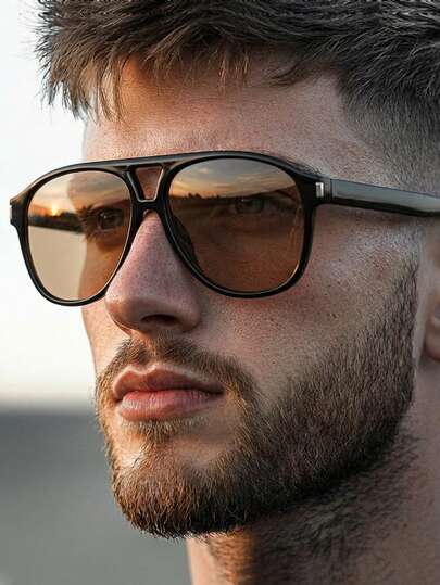 1 Pair Men's Black Aviator Fashion Glasses, Solid Color Retro Double Bridge Travel Vacation Fashion Eyewear