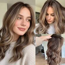 Peluca corta con ondas de bob, con degradado marrón y reflejos dorados para mujeres, sin pegamento, con línea del cabello previamente desbastada, de fibra resistente al calor de alta calidad, adecuada para cosplay, uso diario y fiestas - Multicolor - Ver 16