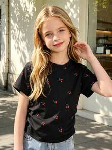 1pc Girls' Loose Casual Outdoor T-Shirt, Korean Style Sweet & Spicy, Cherry Decor, Ruched Waist, Round Neck, Summer - Black - View 8