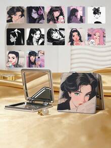 1PC Y2K Style Portrait Series Makeup Mirror, Foldable, Lightweight, Ultra-Thin, Portable, Durable, PU Leather, Suitable For Various Occasions, Travel, Party, Work, School, Suitable For All Ages, Universal - Multicolor - View 1
