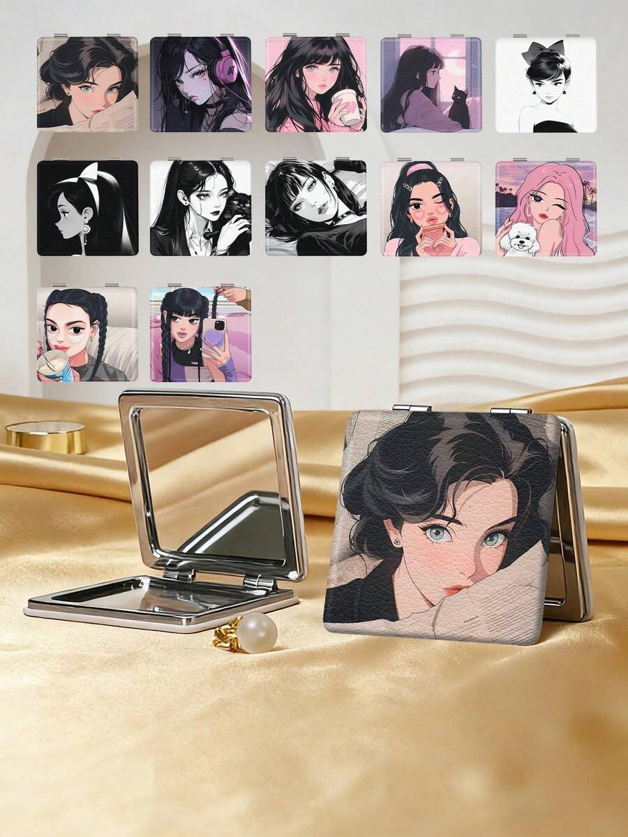 1PC Y2K Style Portrait Series Makeup Mirror, Foldable, Lightweight, Ultra-Thin, Portable, Durable, PU Leather, Suitable For Various Occasions, Travel, Party, Work, School, Suitable For All Ages, Universal - Multicolor - View 1