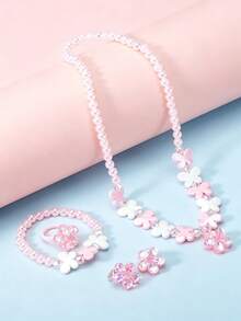 Set de 5 piezas de joyería con flores y mariposas para niñas, incluye collar, pulsera, anillo y aretes, adecuado para fiestas, regalos de cumpleaños y uso diario - Multicolor - Ver 2