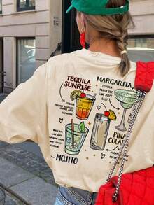 Women's Summer Cocktail & Slogan Graphic Round Neck Short Sleeve T-Shirt, Casual Loose Versatile Vacation Style Top, Fashionable Summer Daily & Holiday Wear - Apricot - View 2