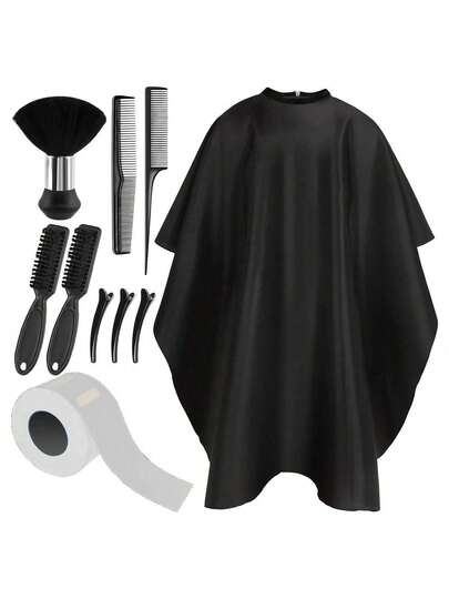 Hairdresser Cape With Neck Brush, Hairdresser Brush, Neck Strips, Hair Comb, Hair Clips, Professional Hairdressing Accessories And Cleaning Supplies Suitable For Hair Salons, Haircuts And Styling (Black), Suitable As A Gift For Her/Him, Romantic Gift, Couple's Gift, Valentine's Day Gift