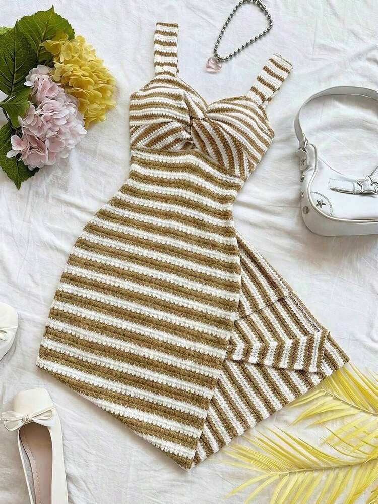 Vestido midi sin mangas a rayas en blanco y negro, diseño retorcido en pecho y abertura lateral ajustado elegante, ideal para uso diario, vacaciones y citas de primavera y verano - Verde Oliva - Añade 12