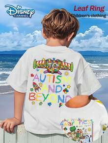 Camiseta de verano con concienciación sobre el autismo y talla grande allá de Toy Story, camiseta gráfica con estampado de Disney, perfecta para niños frescos. Regalo para adolescentes, camiseta de manga corta cómoda y transpirable para niños. Ropa infantil de algodón puro de 180g, adecuada tanto para niños como para niñas. Adecuada para uso diario, vacaciones, actividades al aire libre y como regalo infantil. - Blanco - Ver 1