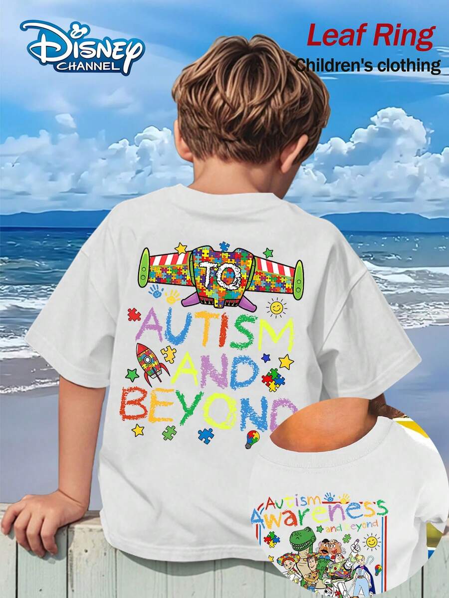 Camiseta de verano con concienciación sobre el autismo y talla grande allá de Toy Story, camiseta gráfica con estampado de Disney, perfecta para niños frescos. Regalo para adolescentes, camiseta de manga corta cómoda y transpirable para niños. Ropa infantil de algodón puro de 180g, adecuada tanto para niños como para niñas. Adecuada para uso diario, vacaciones, actividades al aire libre y como regalo infantil. - Blanco - Ver 1
