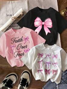 20263PCS New Fashion Women's T-Shirt, Bowknot Letter Print Round Neck Plus Size T-Shirt, Summer Pure Cotton Loose Slim Fit, Local Delivery, Fashionable Casual Top, Casual Style, Round Neck, Slightly Stretchy - 白色+粉紅色+黑色 - 查看 1