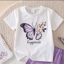 Set di maglietta a maniche corte e pantaloncini con stampa di farfalle e fiori "Happy" per ragazze di 4-8 anni, outfit casual estivo per il tempo libero - Viola malva - Visualizzare 3