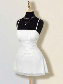 Vestido mini halter retro estampado otoñal con pliegues para mujer - Blanco - Ver 5