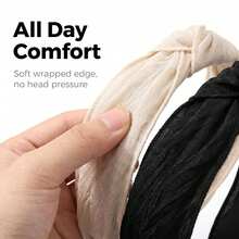 1PCPleated Knotted Wide - Edge Headband, Fabric - Edged, Beige/Black, For Daily Makeup & Outfits - Multicolor - View 11