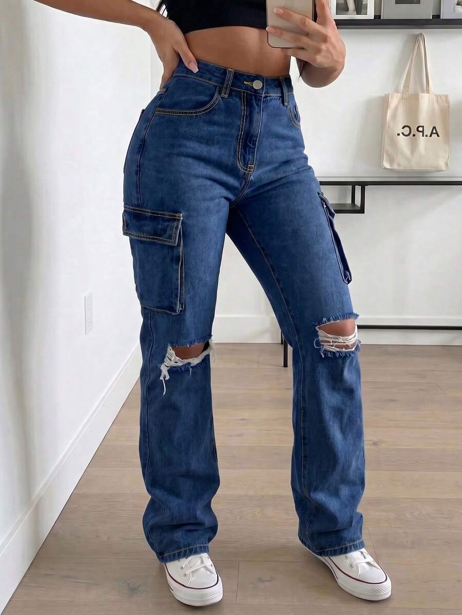 Women's High Waist Cargo Jeans With Ripped Detail, Retro Street Style, Versatile Denim Pants - Dark Wash - View 1