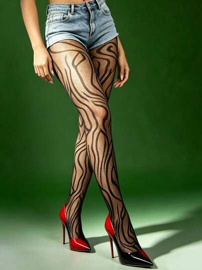 1pc Plus Size Women's Tiger Stripe Fishnet Tights, Suitable For Christmas, Halloween, Punk Gothic Retro Black Elastic Pantyhose, Hollow Sexy Tiger Print Fishnet Stockings, Versatile For All Seasons
