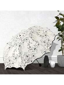 Paraguas plegable redondo clásico con varilla de hierro, apertura manual, de múltiples usos para exteriores, con placa de cubierta, fácil de limpiar, con protección UV y estampado de flores de hibisco - Paraguas plegable de tres pliegues con diseño de flor de hibisco - Ver 6