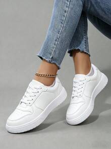 Women's White Leather Breatheable Lace-Up Shoes, Polished Upper With Ventilation Holes, Elevated Soft EVA Platform For Casual Outfits - 白色 - 查看 2