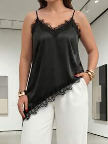 Plus Size Women's Lace Trim V-Neck Sleeveless Camisole, Stretch Satin Asymmetric Hem Cami Tank Top, Sexy Multi-Layer Blouse Suitable For Office, Dates, Daily Wear (YY1277) Casual Black Summer - Black - View 3