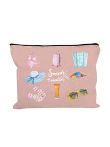 Borsa cosmetica da viaggio estiva in acquerello, pochette in tela con zip e stampe da spiaggia, organizer per il trucco da viaggio carino con bikini e occhiali alla moda - Multicolore - Visualizzare 16