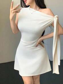 Vestido minimalista para mujer con estampado floral de tinta, hombro asimétrico con lazo, cintura ajustada - Beis - Ver 7