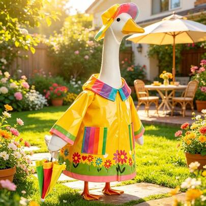 3 Pcs Raincoat Goose Outfits Adorable Flower Print Clothes Hat And Umbrella Set For Garden Lawn Yard Patio Decoration