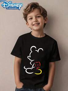 Disney 1pc Teen Boys Minimalist Mickey Mouse Outline Print Short Sleeve Tshirt Boys Clothes Kids Clothes Boys Shirts Summer - Black - View 1