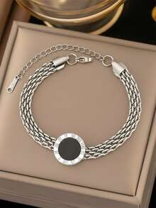 1 pieza Pulsera de mujer de acero inoxidable, diseño de esfera con números romanos, cadena trenzada ajustable vintage, esfera de ágata negra, elegante de lujo, color dorado, versátil para us - Dorado - Ver 8