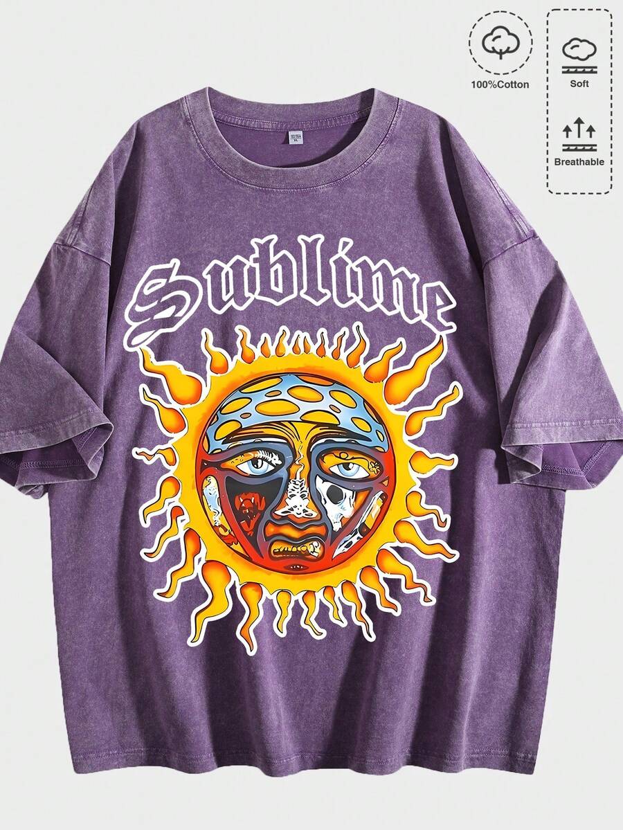 Camiseta lavada para hombre con temática de anime que presenta un atrevido estampado de personajes en blanco y negro con collar de cruz, tatuaje de araña y un estilo urbano vanguardista. Top de manga corta de algodón suave para uso diario en  y verano. - Púrpura sucio 01 - Ver 1