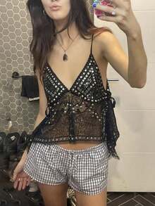 Top tirantes seductor transparente sin espalda con strass de playa - Negro - Ver 2