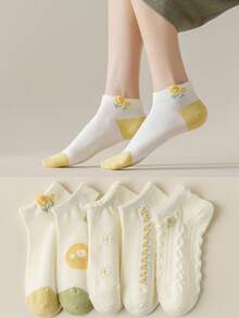 5 đôi tất mỏng cổ ngắn cho nữ, họa tiết hoa dễ thương, tất cotton thời trang, thích hợp cho mùa xuân/hè. - Nhiều màu - Xem 7