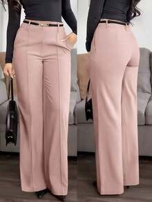 Pantalones rectos de unicolor azul marino de con cintura sin botones, cremallera y bolsillos, pantalones rectos elegantes, de oficina, diarios y versátiles para la primavera y el verano - Rosa - Ver 1