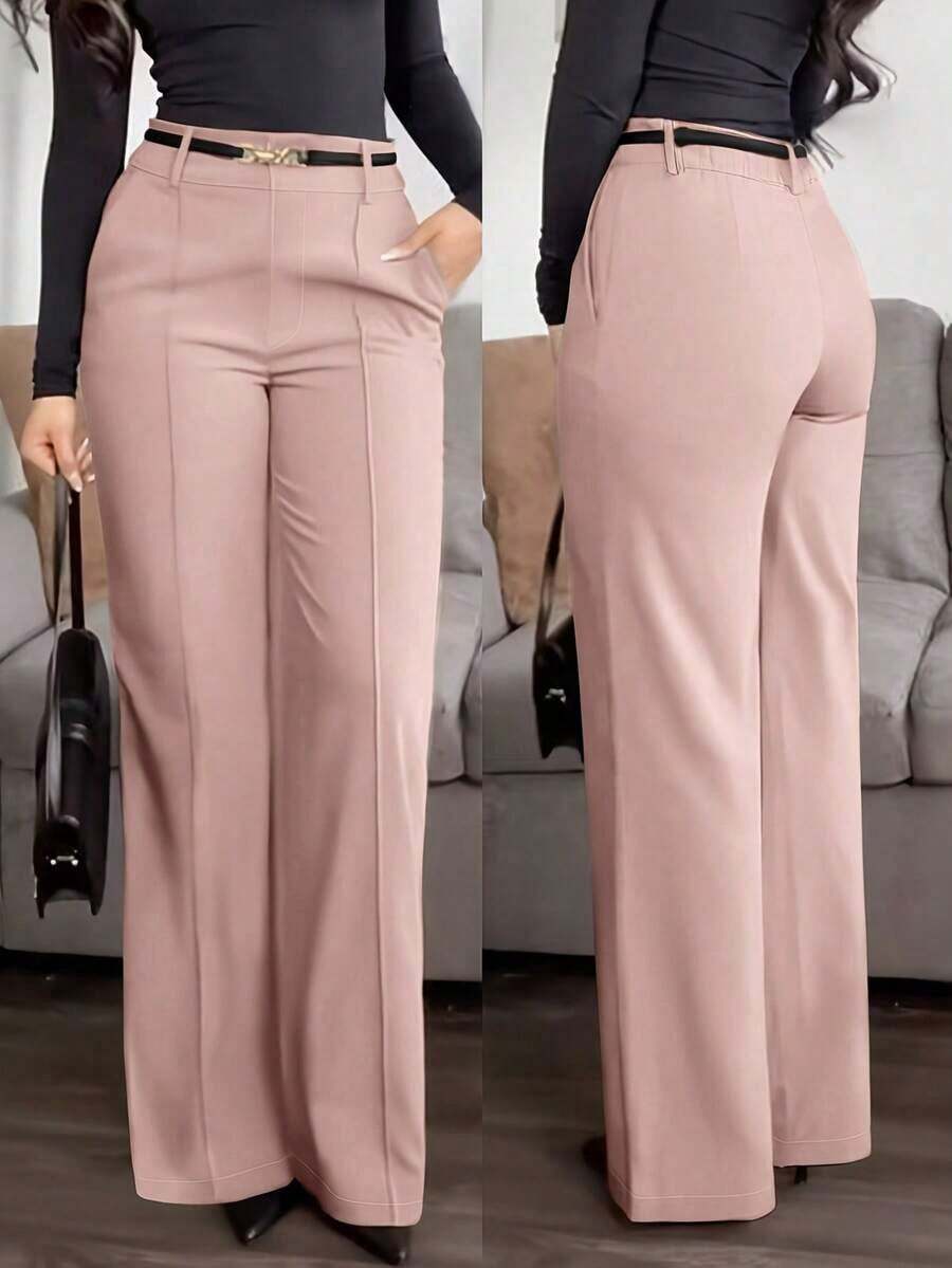 Pantalones rectos de unicolor azul marino de con cintura sin botones, cremallera y bolsillos, pantalones rectos elegantes, de oficina, diarios y versátiles para la primavera y el verano - Rosa - Ver 1