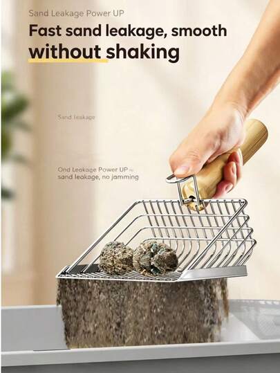 Xẻng hốt cát vệ sinh cho mèo bằng thép không gỉ, lưới mịn, có móc treo, dễ mang theo, tay cầm bằng gỗ, đầu xẻng rộng và phẳng, các cạnh được mài nhẵn để tránh làm trầy xước khay vệ sinh của mèo.