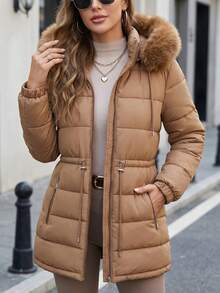 Women's Puffer Jacket With Faux Fur Lining For Winter With Hood - Óxido marrón - Ver 2