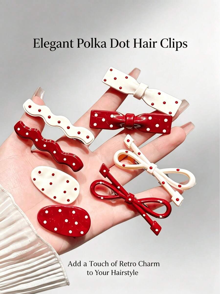8/4/1 pieza Pinzas para el cabello con corazón, lunares y lazo estilo niña dulce, Pasadores para el cabello de mujer para flequillo y lados, Accesorios para el cabello de verano, Adecuados para uso diario - Talla única - Ver 1