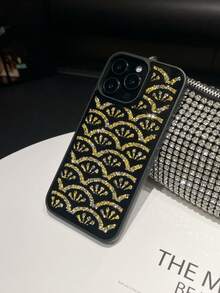 1pc Black Gold Spray Oil Skin Feel Rhinestone Wavy Flower Mirror Inlaid Shockproof 2-In-1 Phone Case Suitable For 14promax/17promax/15promax - Black and Gold - View 4