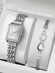 2pcs/Set Women's Fashion Casual Square Minimalist Dial Elegant Quartz Watch + Bracelet, Gift (Watch Box Not Included) - Silver - View 2