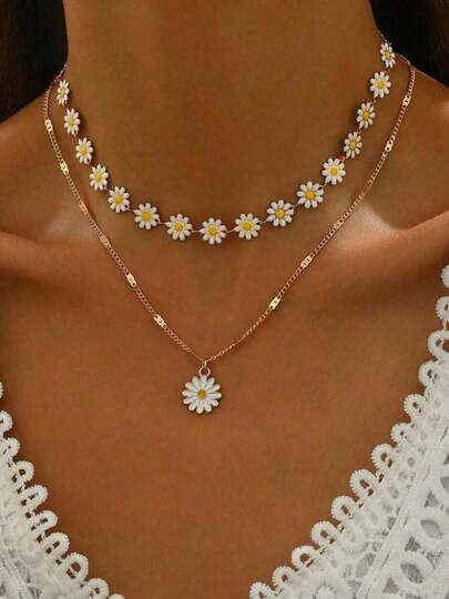 2pcs/Set Hand-Made Daisy Flower Necklace, Fashion Classic Chain Choker Necklace, Suitable For Daily, Travel, Vacation, Street Wear, And Photo Shoot.Chain Length Can Be Customized, Flower Quantity Is Random Valentines