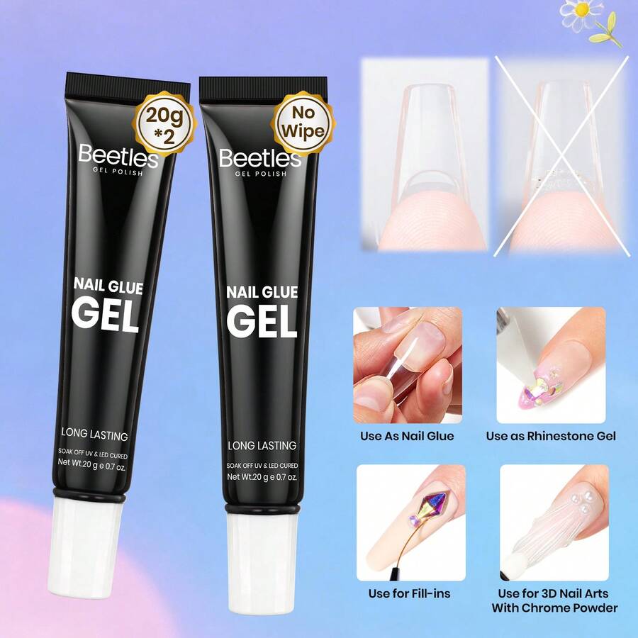 2Pcs 20g Solid Nail Glue Gel, No Wipe Hands-Free Clear Glue, Beetles Soft Nail Tip Adhesive For Press On Nails Acrylic Nail Extensions, Soak Off Long Lasting 3D Nail Art Gel, Beginner Friendly Nail Lamp Needed - 2Pcs 20g No Wipe Hands-Free Clear Glue - 查看 1