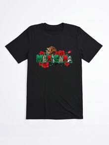 Camiseta Negra Mexicana con Estampado de Rosas y Águila para Mujer Casual Verano - Negro - Ver 2