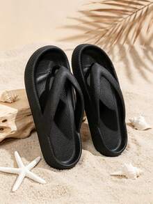 A Pair Of New Summer Women's Flip-Flops, Made Of Comfortable And Casual EVA Material, With A Breathable, Soft, Thickened, And Non-Slip Sole. Available In Multiple Colors. Perfect For Beach Vacations, Travel, Pool Parties, Indoor Use, And As Couple Shoes. - 黑色 - 查看 5
