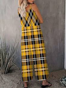 Women's V Neck Spaghetti Strap One Piece Jumpsuit Yellow Black White Plaid Pattern Loose Wide Leg, Soft Comfy, With Side Pockets,Loose Wide Leg One Piece Overall Casual Holiday Matching Outfit Casual Loungewear - 混合色 - 查看 2