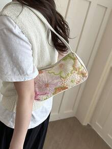 Floral Sequin Embroidered Underarm Bag, Women's Elegant Mesh Fabric & PU Trim Shoulder Hobo Bag For Daily & Party - Green - View 11