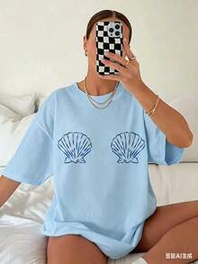 Graphic TeesWomen's Tropical Shell Print Casual T-Shirt - High Elasticity Round Neck Short Sleeve Top, Machine Washable White Blue Summer Beachwear, All-Season Comfortable Fit, Breathable Fabric, Simple Design, Tops For Women, Vacation Outfits For Women100% CottonWomen's Casual Easter Cotton T-Shirt Soft Breathable Daily Tee - 藍色 - 查看 1