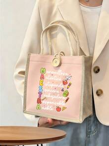 Tas Tote Motif Huruf Maestra dan Apel Aneka Warna, Tas Tote yang Dapat Digunakan Kembali, Tas Penyimpanan Kapasitas Besar yang Lucu, Tas Tangan Perjalanan Ringan - MultiWarna - View 6