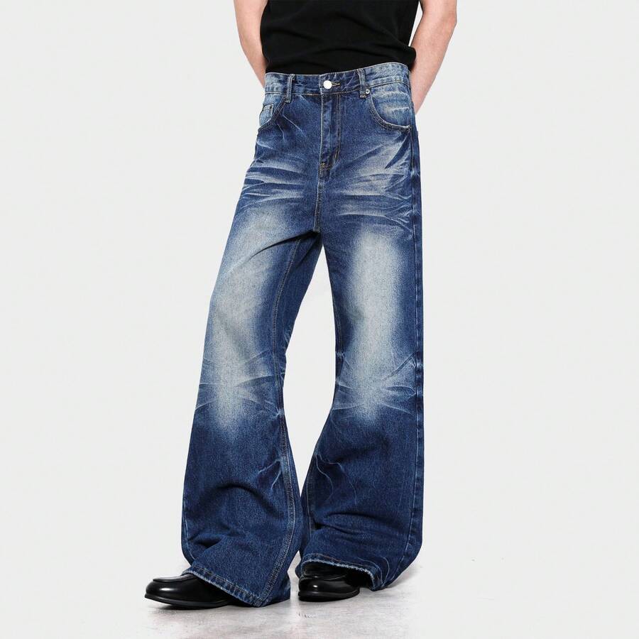 American Retro Washed Cat Whisker Micro-Flared Jeans Men's New Casual Niche Floor Mopping Trousers Men's Clothing - 藍色 - 查看 1