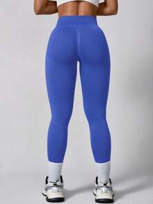 1 pieza Pantalones deportivos de cintura alta sin costuras, elásticos y de unicolor para mujer - Azul - Ver 10