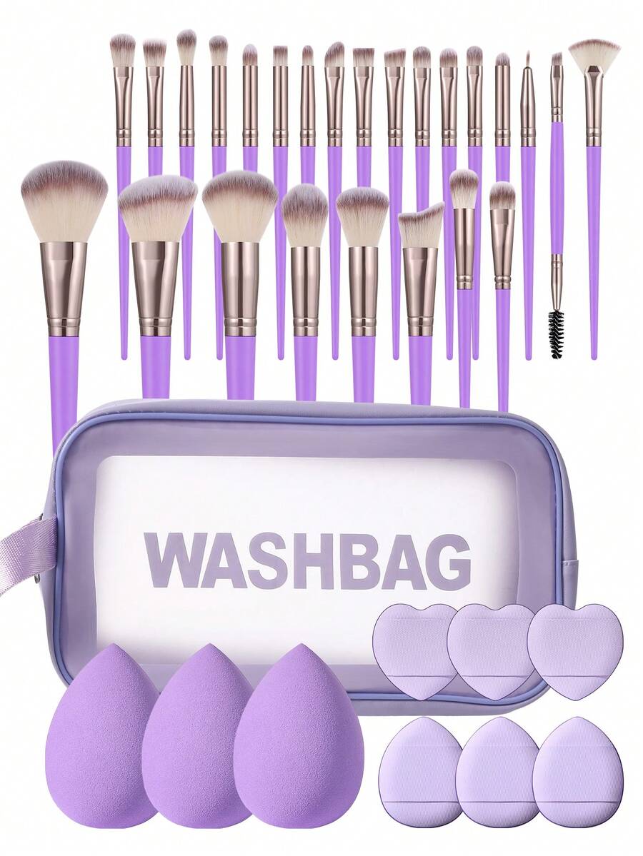Bộ dụng cụ trang điểm 35 món bao gồm: Bộ 25 cọ trang điểm + 1 túi đựng mỹ phẩm và đồ trang điểm đa năng có khóa kéo chống thấm nước + 3 bông mút trang điểm + 6 bông phấn phủ mini. - Màu tím - Xem 1