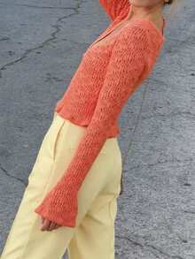 Live To Mo 夏季女士时尚性感橙色镂空针织V领喇叭袖开襟休闲上衣，适合约会、度假和外出海滩穿着 - 橘色 - 查看 11